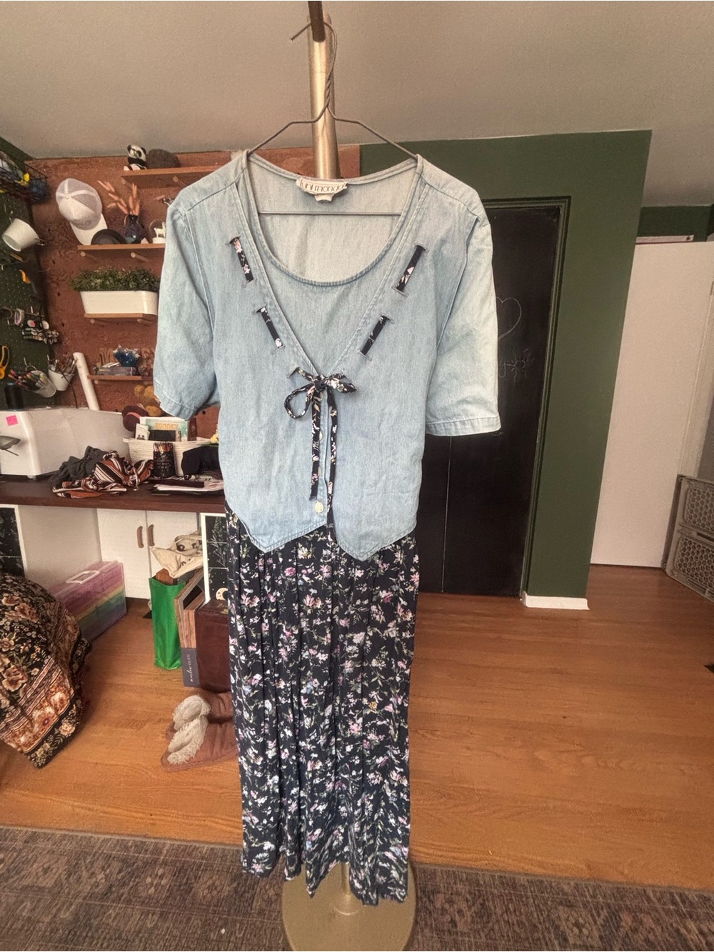 Denim dress with floral skirt, vest-like top
